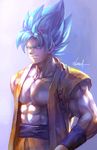  abs blue_eyes blue_hair collarbone dougi dragon_ball dragon_ball_z kim_yura_(goddess_mechanic) male_focus muscle open_clothes open_shirt profile shirt signature smile solo son_gokuu super_saiyan super_saiyan_blue upper_body wristband 