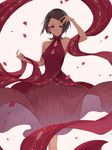  arm_up bad_id bad_pixiv_id black_hair breasts brown_eyes cleavage dress hukasikasi idolmaster idolmaster_cinderella_girls looking_at_viewer medium_breasts petals pink_background red_ballad sash short_hair solo tougou_ai 