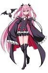  bat black_footwear black_legwear boots detached_sleeves flat_chest full_body highres kimagure_blue krul_tepes looking_at_viewer owari_no_seraph pink_eyes pink_hair pointy_ears simple_background sleeves_past_wrists smile solo thigh_boots thighhighs two_side_up white_background 