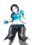  abs bad_id bad_pixiv_id beckoning black_hair blue_gloves blush breasts capri_pants clenched_hand come_hither crop_top fingerless_gloves gloves lying medium_breasts midriff navel nexas on_back one_eye_closed pants ponytail shadow shiny shiny_clothes solo super_smash_bros. tank_top white_skin wii_fit wii_fit_trainer 