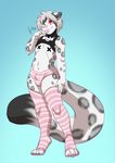  absurd_res anthro blue_background bulge clothed clothing collar crossdressing feline gradient_background hi_res lavenderpandy legwear leopard looking_at_viewer male mammal nipple_tail simple_background smile snow_leopard solo striped_legwear stripes thigh_highs 