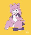  2018 aeris_(vg_cats) anthro blush breast_fondling breasts cat feline female fingering fingering_self fondling foxxx321 hand_on_breast hi_res mammal masturbation nipples open_mouth pants_around_one_leg pawpads paws pussy signature simple_background solo teeth tongue vaginal vaginal_masturbation vg_cats yellow_background 