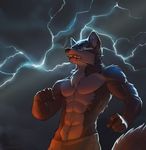  2016 5_fingers abs anthro biceps black_nose brown_fur canine chest_tuft clothed clothing facial_scar fur koul lightning male mammal multicolored_fur muscular muscular_male navel outside pecs red_eyes scar teeth topless tuft two_tone_fur white_fur wolf 