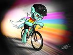  2012 abstract_background amber_eyes armor bicycle clothing dori-to equine female feral friendship_is_magic fur green_fur hair helmet horn lyra_heartstrings_(mlp) mammal multicolored_hair my_little_pony rainbow solo two_tone_hair unicorn 
