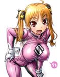  amania_orz bakuon!! bell bent_over biker_clothes bikesuit blonde_hair bodysuit breasts covered_nipples hair_bell hair_ornament large_breasts pink_bodysuit solo suzunoki_rin twintails 