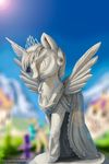  2015 absurd_res canterlot clothing cloud crown dress equine feathered_wings feathers female friendship_is_magic fur hair hi_res horn jewelry lens_flare mammal multicolored_hair my_little_pony necklace obpony outside sculpture sky smile solo spread_wings statue sun twilight_sparkle_(mlp) winged_unicorn wings 