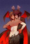  black_hair blush cape demon_horns demon_wings formal gloves haiiro_teien horns ivlis licking majiang male_focus multicolored_hair multiple_boys neck_licking ponytail purple_eyes red_cape red_hair satanick shirtless smile suit tongue tongue_out wings yaoi yellow_eyes 