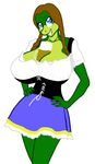  alcohol beer beverage big_breasts blue_eyes breasts brown_hair clothing corset cup female food hair huge_breasts lizard pigtails reptile samantha_brooks sarcolopter scalie simple_background skirt solo standing white_background 