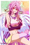  angel_wings breasts bridal_gauntlets crop_top feathered_wings gloves halo jibril_(no_game_no_life) large_breasts long_hair low_wings magic_circle midriff multicolored multicolored_eyes navel no_game_no_life orange_eyes pink_hair purple_eyes sideboob smile solo tattoo ten-chan_(eternal_s) thighhighs very_long_hair white_wings wing_ears wings yellow_eyes 