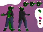  belt belt_buckle bra breasts claws clothing coat dragon eleison_box green_scales horn invalid_tag jeans model_sheet pants red_eyes scales scalie toes underwear 
