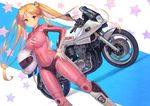  bakuon!! bell biker_clothes bikesuit blonde_hair bodysuit breasts brown_eyes gloves ground_vehicle hair_bell hair_ornament hand_on_hip helmet holding holding_helmet large_breasts long_hair motor_vehicle motorcycle motorcycle_helmet pink_bodysuit smile solo star starry_background suzunoki_rin twintails urokoda white_gloves 