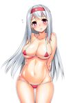  arms_behind_back ass_visible_through_thighs bare_shoulders bikini blush breasts cameltoe cleavage collarbone flying_sweatdrops groin hairband highres kantai_collection large_breasts long_hair micro_bikini navel pink_hair shoukaku_(kantai_collection) silver_hair simple_background skindentation solo string_bikini swimsuit tel white_background 