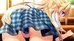  :d ama_koi_syrups arm_support ass bent_over blonde_hair blue_eyes blue_skirt blush chair chalkboard classroom cowboy_shot eyebrows eyebrows_visible_through_hair foreshortening from_behind hand_on_ass highres indoors lawes_anastesia long_hair open_mouth pan_(mimi) panties partially_visible_vulva pink_panties plaid plaid_skirt puffy_short_sleeves puffy_sleeves shirt short_sleeves skirt smile solo sunlight table underwear upskirt very_long_hair white_shirt window 