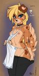  2018 ? apron apron_pull bangs black_pants blonde_hair blue_eyes blush braided_hair breasts brown_fur canine clothed clothing collar collarbone crotch_lines dog dog_tags exposed_breasts female fluff-kevlar fur gradient_background hair hand_in_pants looking_at_viewer mammal multicolored_fur naked_apron nipples open_mouth pants_pull simple_background slim solo spots standing tan_fur topless undressing zofie 