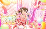  ;d artist_request balloon bangs bare_shoulders boots bow brown_eyes brown_hair hair_bow hairband idolmaster idolmaster_cinderella_girls idolmaster_cinderella_girls_starlight_stage imai_kana long_hair looking_at_viewer microphone microphone_stand official_art one_eye_closed open_mouth plaid skirt smile solo thighhighs twintails white_legwear wrist_cuffs zettai_ryouiki 