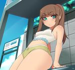  :&gt; aqua_eyes bare_shoulders blue_sky blush body_blush breasts brown_hair bus_stop camisole closed_mouth cowboy_shot day eyebrows eyebrows_visible_through_hair green_shorts hair_ribbon kuroonehalf leaning_back long_hair looking_at_viewer navel original outdoors plant ponytail red_ribbon ribbon road_sign shiny shiny_skin short_shorts shorts sign sitting sky small_breasts smile solo standing stomach thighs tree tsurime v-shaped_eyebrows 