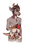  2015 anthro antlers beverage body_hair boxers_(clothing) brown_hair bulge canned_(artist) cervine clothed clothing coffee deer dragon food fur grey_fur hair happy_trail horn hybrid male mammal navel red_eyes solo standing topless underwear 