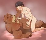  anthro bear belt blush brown_fur caress cum cum_on_stomach day embarrassed eyes_closed fur group hi_res hiroyuki_(morenatsu) human human_on_anthro interspecies juuichi_mikazuki lying male mammal morenatsu musclegut 