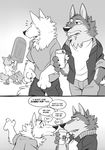  2016 4_fingers barefoot beverage black_nose black_wolf_(zootopia) canine clothed clothing comic costume cup dialogue disney drinking duo english_text fennec finnick food fox fur greyscale half-closed_eyes harry_(zootopia) jacket male mammal monochrome nick_wilde pants popsicle shirt speech_bubble starbuck takemoto_arashi text wolf zootopia 