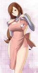  1girl apron blush breasts brown_hair commentary_request large_breasts long_hair looking_at_viewer mole mole_under_eye no_bra no_panties ribbed_sweater shinken-zemi solo sweater wakino_keibun zemi_mama 
