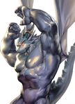  2016 abs anthro armpits arms_above_head biceps big_muscles blue_dragon_(character) blue_dragon_(series) blue_scales claws dragon glowing glowing_eyes horn looking_away male muscular muscular_male navel nipples nude pecs raised_arm red_eyes scales shiny simple_background sleez solo spikes teeth vein wings 