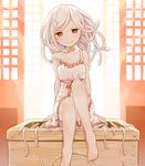  :&gt; bad_id bad_twitter_id bare_legs barefoot box building collarbone donation_box dress indoors koimonogatari looking_at_viewer misha_(hoongju) monogatari_(series) red_eyes sengoku_nadeko shrine sitting snake snake_hair solo white_hair 