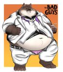  2022 absurd_res anthro belly big_belly black_nose bottomwear brown_body canid canine canis clothing dreamworks eddiefragoso hi_res humanoid_hands male mammal mr._wolf_(the_bad_guys) obese obese_male overweight overweight_male pants shirt sitting solo the_bad_guys topwear underwear wolf 