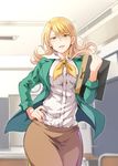  anne_green bangs blonde_hair breasts classroom commentary green_eyes green_jacket hair_ornament hair_scrunchie hand_on_hip highres jacket large_breasts long_hair long_sleeves looking_at_viewer nashiru_(kuusou_banana) new_horizon open_mouth ponytail scrunchie shirt skirt smile solo 