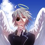  ahoge angel_wings blue_sky cloud day eyepatch formal gloves grey_hair haiiro_teien halo majiang male_focus pale_skin sky solo suit upper_body wings wodahs 