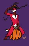  2015 anthro bat canine canned_(artist) clothed clothing fox fur green_eyes halloween hat holidays male mammal navel nipples panties pumpkin purple_background red_fur simple_background solo topless underwear witch_hat 