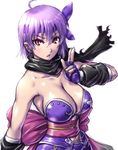  amania_orz ayane_(doa) bow breasts dead_or_alive dress fingerless_gloves gloves hand_seal headband large_bow large_breasts purple_hair red_eyes scarf short_hair sleeveless sleeveless_dress solo strapless strapless_dress 