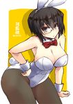  alternate_costume animal_ears black_hair black_legwear bow bowtie breasts brown_eyes bunny_ears bunnysuit cleavage detached_collar fishnet_pantyhose fishnets girls_und_panzer kawashima_momo large_breasts monocle pantyhose shinshin short_hair solo 