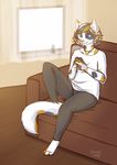  2015 anthro barefoot blue_eyes calico_cat canned_(artist) cat clothed clothing collar feline female inside mammal phone sitting sofa solo 