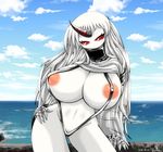  big_breasts bikini breasts claws clothing erect_nipples female hair humanoid hybrid kantai_collection long_hair machine monster nico_oyabin nipple_slip nipples not_furry red_eyes seaport_princess sling_bikini solo swimsuit white_hair 