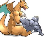  2016 abs anal anal_penetration areola barefoot biceps big_muscles charizard claws dragon duo eye_contact fangs grey_skin interspecies machoke maldu male male/male musclegut muscular muscular_male nintendo nude open_mouth orange_scales pecs penetration pok&eacute;mon scales scalie sex simple_background sitting sweat toe_claws tongue tongue_out video_games white_background white_scales wings 