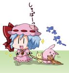  :3 bat_wings blue_hair bow brooch chibi commentary detached_wings dress hat hat_bow jewelry mob_cap noai_nioshi open_mouth patch puffy_short_sleeves puffy_sleeves red_bow remilia_scarlet rope_train short_hair short_sleeves solo sparkle touhou translated v-shaped_eyebrows wings |_| 