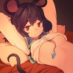  animal_ears arms_behind_head bad_id bad_pixiv_id bangs breasts jewelry long_sleeves looking_at_viewer lying mouse_ears mouse_tail nazrin on_back pendant pillow red_eyes shirt_lift short_hair small_breasts smile solo tail thomas_hewitt touhou underboob upper_body 