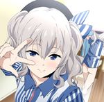  ass beret blue_eyes bottomless collarbone employee_uniform hair_between_eyes hat kantai_collection kashima_(kantai_collection) lawson looking_at_viewer mirror naked_shirt reflection self_shot shirt silver_hair smile solo twintails uniform v v_over_eye wavy_hair yoshiki360 