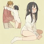  1girl black_hair brown_hair closed_eyes crying dress_shirt hug kitashirakawa_tamako long_hair momose_(oqo) ooji_mochizou shirt short_hair tamako_market tears 