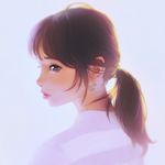  ahoge blue_background blue_eyes blush brown_hair earrings expressionless from_side ilya_kuvshinov jewelry lips long_hair nose nose_blush original parted_lips ponytail profile rubber_duck_earrings shirt simple_background solo upper_body white_shirt 