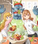  2girls blonde_hair blue_skin brown_hair cellphone chopsticks commentary_request crying crying_with_eyes_open eggplant elf feeding hotpot mandragora multiple_girls mushi_gyouza onion orc original phone pointy_ears red_eyes red_hair self_shot siblings sisters tears translated 