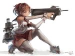  2016 aiming artist_name bare_shoulders brown_eyes brown_hair dated detached_sleeves gun hairband kantai_collection natori_(kantai_collection) one_eye_closed one_knee rifle rudder_shoes sailor_collar short_hair solo thighhighs toka_(marchlizard) turret uniform weapon white_hairband 