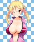  bakuon!! blonde_hair blush bodysuit breasts cleavage huge_breasts long_hair looking_at_viewer one_eye_closed pink_bodysuit skin_tight solo suzunoki_rin twintails yuguran_(specs) 