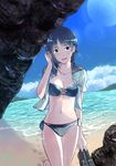  beach bikini black_eyes black_hair breasts day highres large_breasts looking_at_viewer momoko_(palemon) ocean open_clothes open_shirt original school_uniform shirt shoes_removed solo swimsuit 