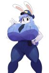  2018 5_fingers :3 anthro big_breasts black_eyes blue_hair blush breasts clothed clothing digital_media_(artwork) eyelashes female fully_clothed hair hand_on_hip hat hi_res huge_breasts jiggle lagomorph looking_at_viewer mammal molly_(angstrom) motion_lines necktie police police_hat rabbit simple_background smile solo sssonic2 thick_thighs uniform v_sign white_background 