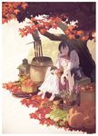  apple autumn_leaves barefoot barrel basket black_hair brown_eyes chestnut closed_eyes corn cornucopia dress flower food fruit gourd grapes hair_flower hair_ornament hand_on_another's_head harvest horns japanese_clothes kijin_seija kimono multicolored_hair multiple_girls obi open_mouth persimmon pomegranate print_dress pumpkin purple_hair sash shade shovel sitting smile stone_lantern streaked_hair sukuna_shinmyoumaru sweet_potato touhou tree under_tree yamamomo_(plank) 