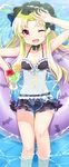  bikini blonde_hair bonnet breasts drink floating_hair hairband highres innertube kaitou_tenshi_twin_angel kouzu_shou lolita_hairband long_hair looking_at_viewer one_eye_closed purple_eyes salome_(twin_angel_3) small_breasts smile solo swimsuit twin_angel 