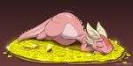  2016 absurd_res bottom_heavy butt digital_media_(artwork) dungeons_&amp;_dragons eyes_closed female gillpanda gold_(metal) gold_pile hi_res horn invalid_color kobold lying napping pathfinder pink_scales reptile scales scalie signature simple_background sleeping smile solo spikes treasure treasure_pile zi-tei 