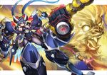  armor bad_id bad_pixiv_id blue_hair fangs glowing glowing_eyes letterboxed looking_at_viewer machinery mecha_musume mechanical_arm mechanical_legs monkey monster open_mouth original sharp_teeth staff teeth todee twintails 