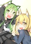  absurdres animal_ears black_serafuku blonde_hair cat_ears check_commentary commentary_request fake_animal_ears fox_ears green_eyes green_hair hairband highres kantai_collection long_hair long_sleeves multiple_girls nagatsuki_(kantai_collection) remodel_(kantai_collection) ryuki_(ryukisukune) satsuki_(kantai_collection) school_uniform serafuku twintails yellow_eyes 